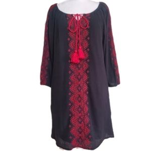 New York & Company cotton blue red embroidered tassel tie gauze Boho dress S